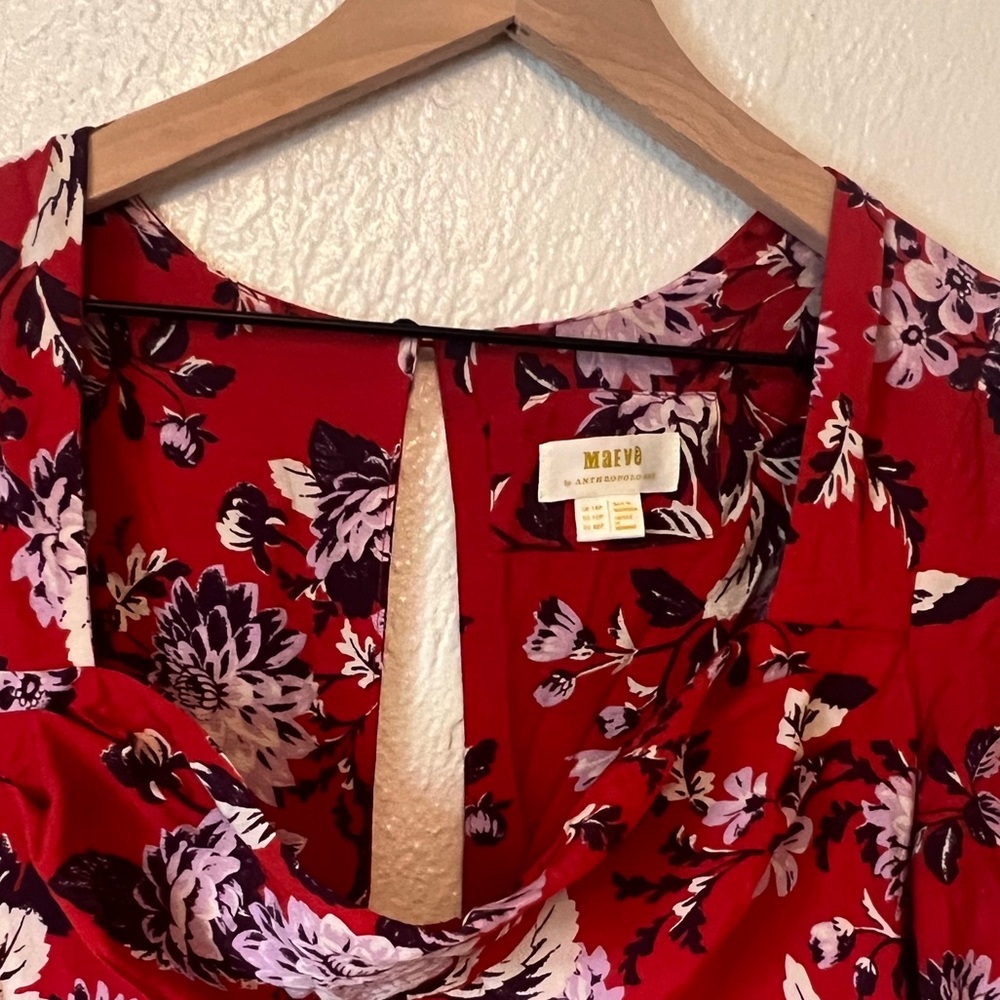 Maeve by Anthropologie Red Floral Puff Sleeve Hi Lo Dress Size 10 - Picture 7 of 9